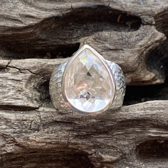 Sterling Silver and Clear Quartz Ring by RCI Size 5 Hammered Band - Picture 2 of 6